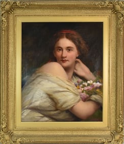 James Edgell Collins (BRITISH, 1820) oil on relined canvas, portrait of young girl with flowers,