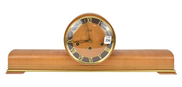 Art Deco Mantle Clock, Hermle, Blonde Wood with Brass Trim, 9"h x 26"w