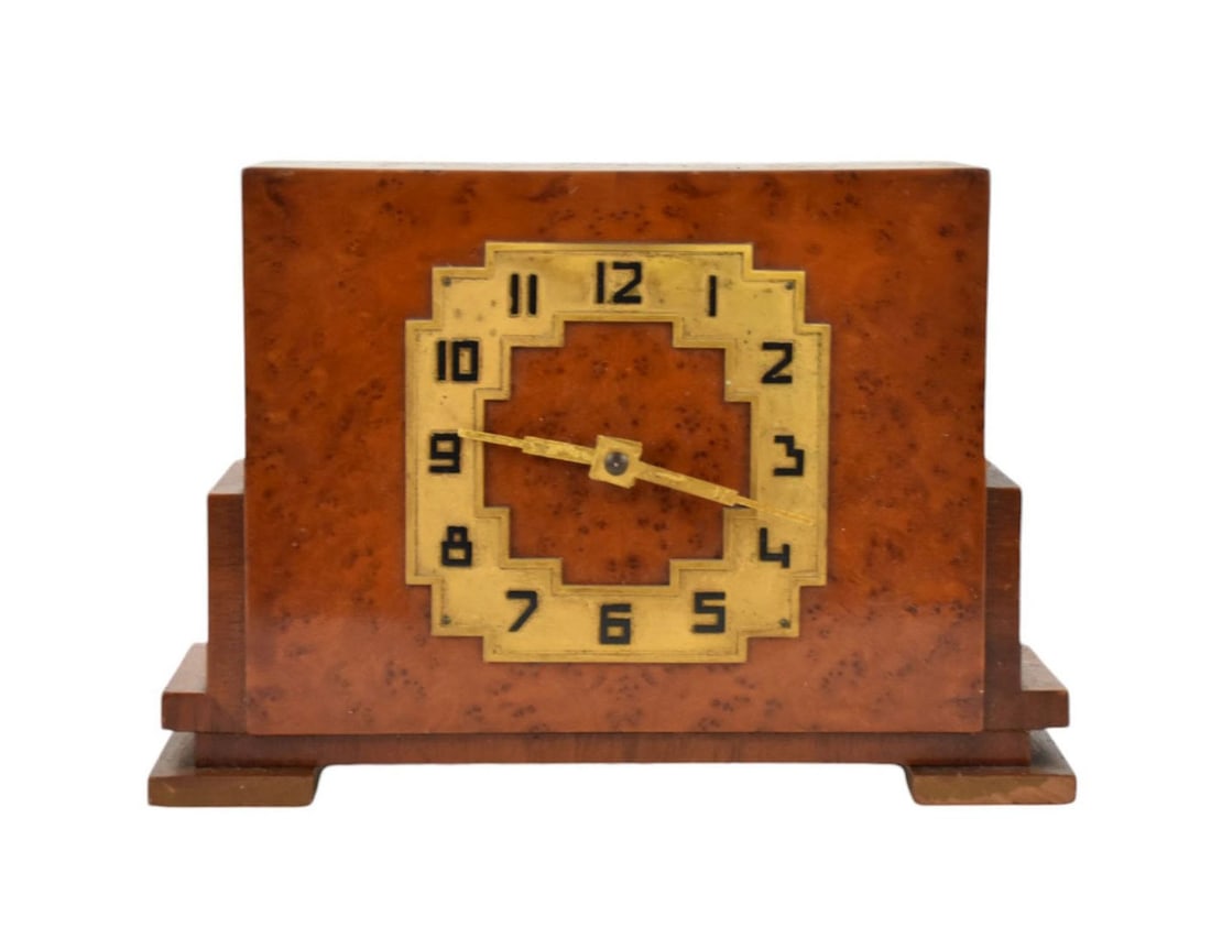 Burled Wood and Brass Shelf Clock, Label on Bottom DUFA-UHR entwurf it. Moller, 5 1/2"h x 9"w (1 of 7)