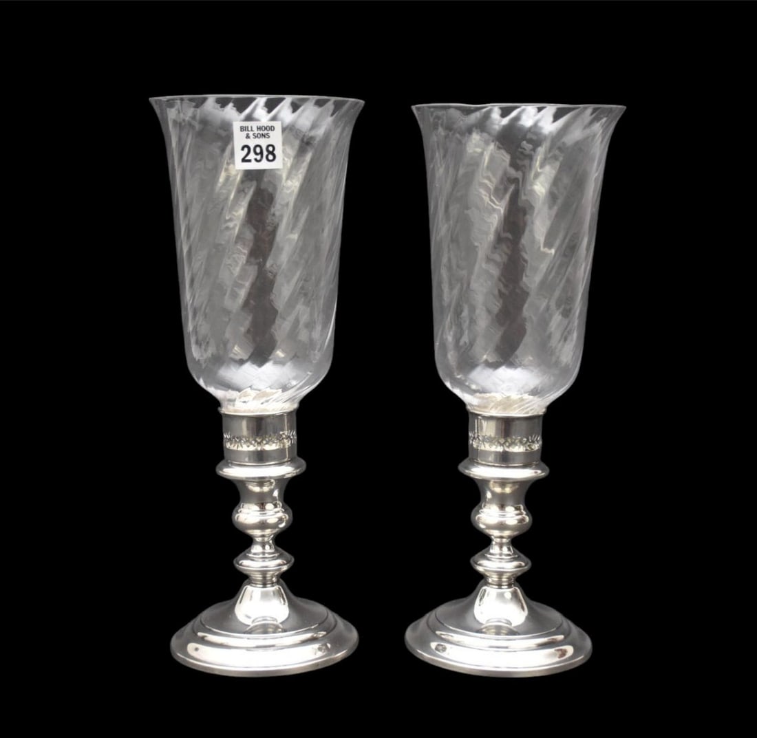 Pair Sterling Weighted Hurricane Lamps, 13"h: Pair Sterling Weighted Hurricane Lamps, 13"h