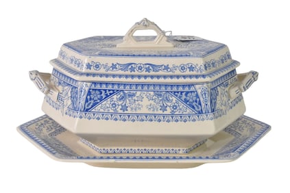 3 pc Tureen Set, Blue & White, Marked Benares Wedgwood
