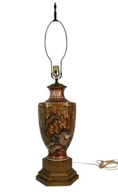 Antique Japanese Satsuma Thousand Faces Pottery  Lamp, 36"h