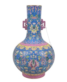Chinese Famille Rose Blue Ground Porcelain Vase - a long-necked globular vase