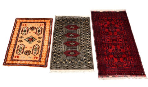 3 Oriental Carpets / Rugs, 2 x 3ft - yellow and reds, 2 x 3.4ft - Bokara, 2.1 x 4ft -rust