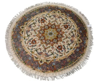 Wool and Silk on cotton Tabriz Ivory Rug, 6.7ft diameter