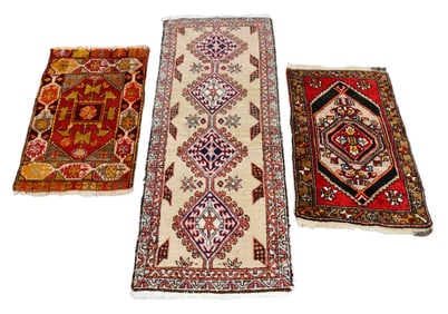 3 misc. rugs, largest is 4.10 x 2ft, medium is 1.10 x 2.7ft, rust colored is 1.8 x 2.8ft