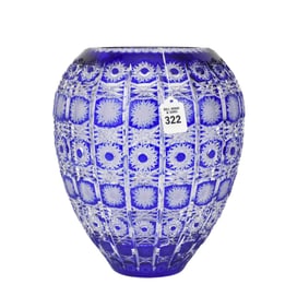 Large Bohemian Cobalt Cut-To-Clear Crystal Vase - A large ovoid cobalt blue cut to clear crystal