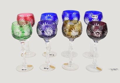 Eight Multi-Colored Cut Crystal Stemmed Wine Glasses, Dresden - Grouping comprises: Six (6) Dresden