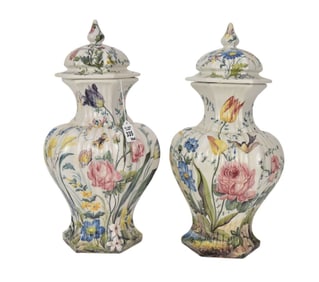 Two Italian Le Nove Faience Floral Painted Urns, C. 19th Century - A pair of antique Italian Le Nove