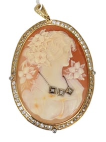 Large Cameo 14K Yellow Gold with Diamond Accents. 3" x 2"