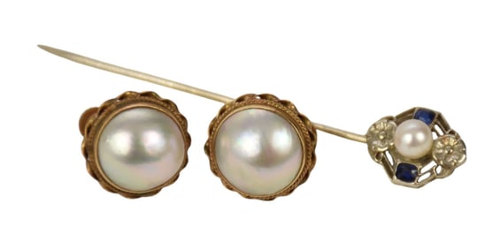 14K Yellow Gold Earring & Stick Pin.  Screw back 14k yellow gold Mabe pearl earrings .5" and 14k