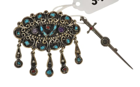 2 Sterling Silver Brooch.  Sterling silver brooch / pendant with turquoise Mexico Taxco 2.5" and