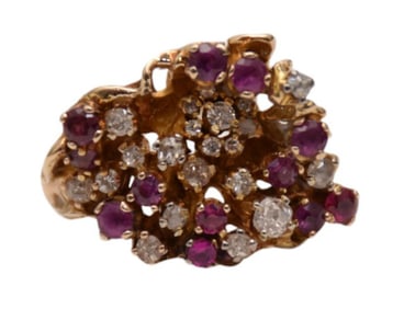 14K Yellow Gold Cocktail Ring Rubies and Diamonds. Size 5 wt. 10.4 grams