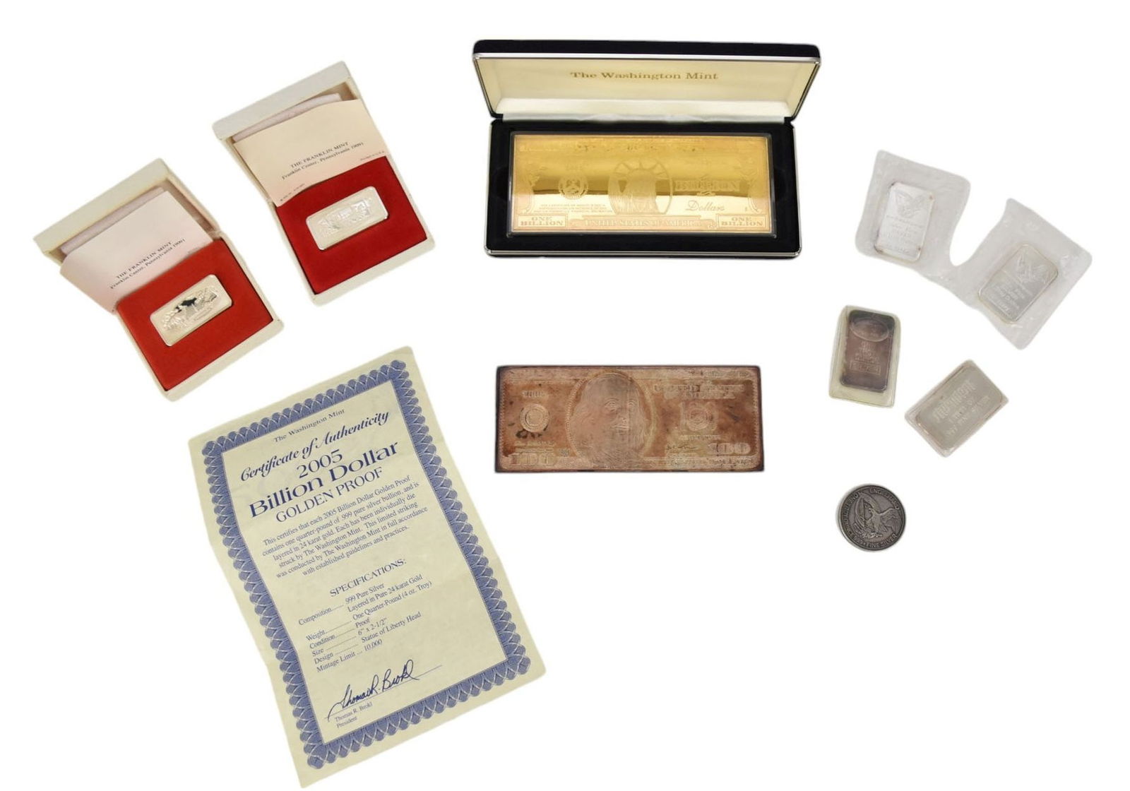 13 ozts of Silver.  4 ozts 2005 Billion Dollar Golden Proof,  5 - 1 ozt bars, 1 - 2 ozt bar, 1 ozt (1 of 10)