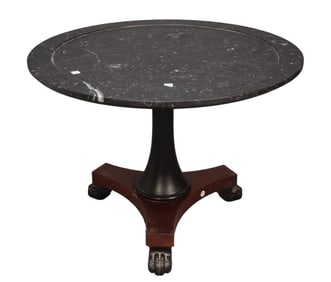Center Pedestal Occasional Table with black striated marble top, 28"h x 39"d