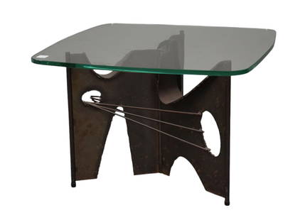 Brutalist Side Table with Glass Top, Harry Balmer Style, dimensions: 15??H x 22 ½??W x 24??D: Brutalist Side Table with Glass Top, Harry Balmer Style, dimensions: 15”H x 22 ½”W x 24”D