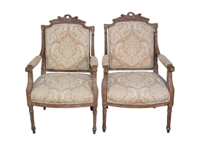 Pair French Armchairs, Pickled Frames with Beige Print Linen Upholstery, Carved Trophy Design at