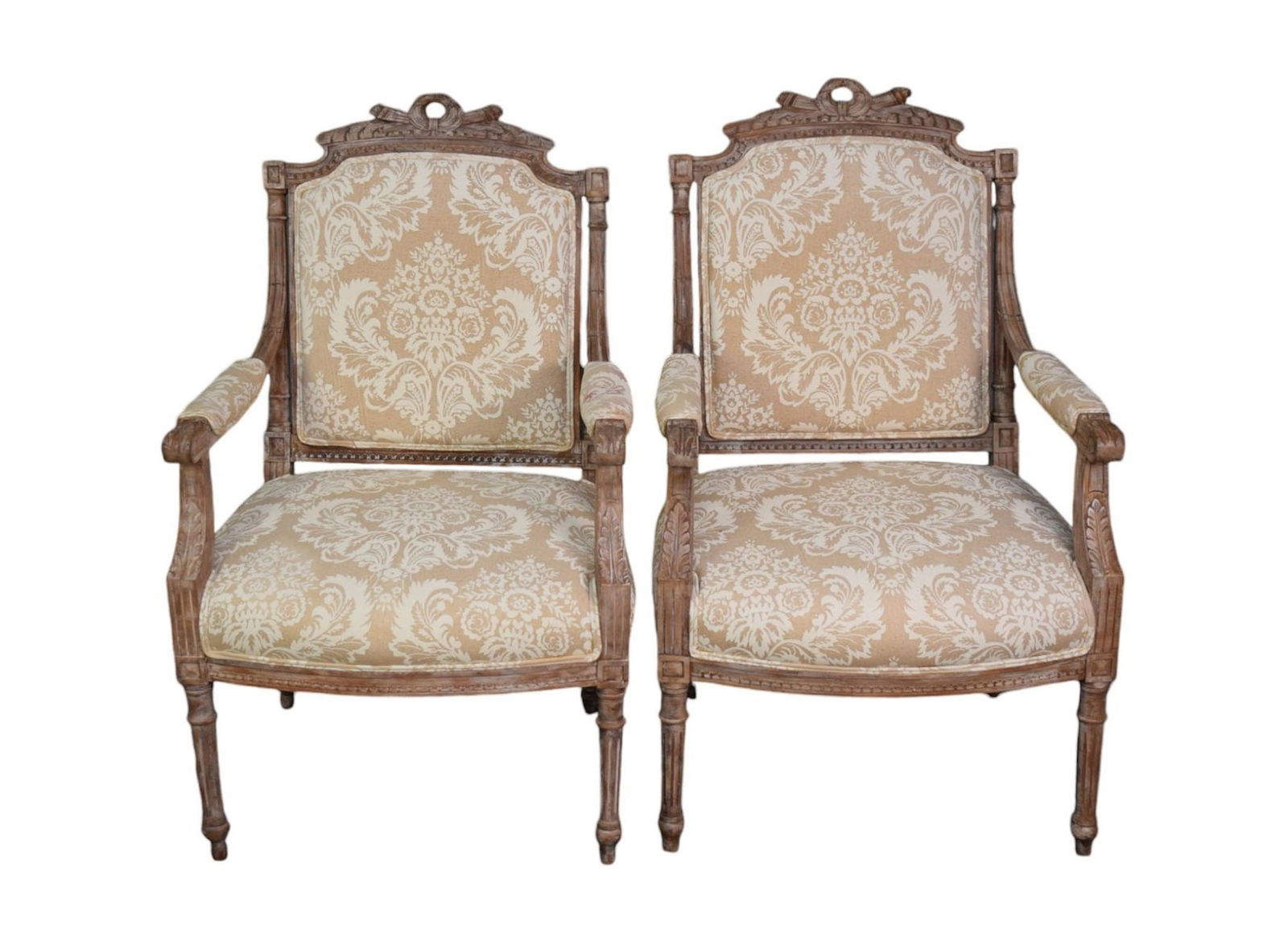 Pair French Armchairs, Pickled Frames with Beige Print Linen Upholstery, Carved Trophy Design at (1 of 5)