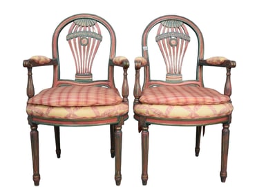 Pair Decorative Armchairs, Painted Red & Green with Custom Plaid Tie Cushions over Upholstery