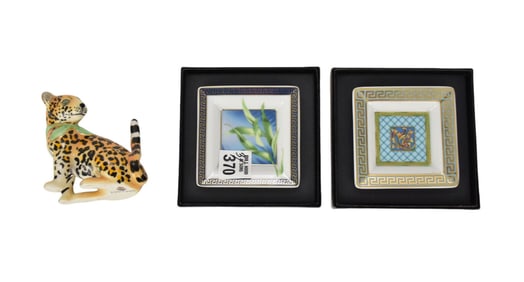 Lynn Chase Seated Leopard Figure and 2 Rosenthal For Versace Pin Trays
