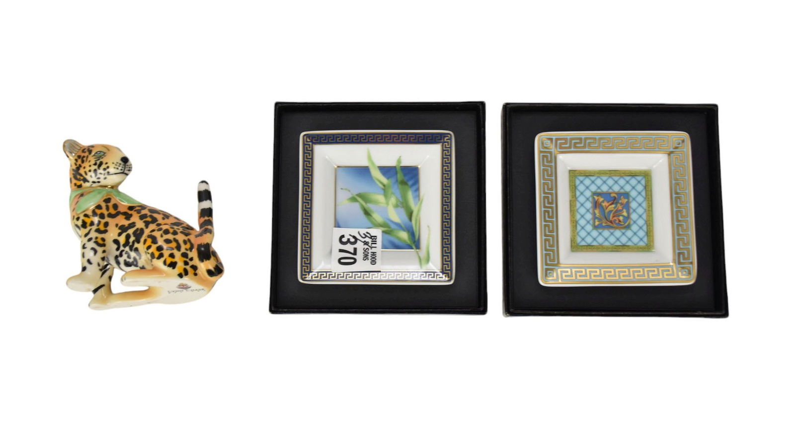 Lynn Chase Seated Leopard Figure and 2 Rosenthal For Versace Pin Trays: Lynn Chase Seated Leopard Figure and 2 Rosenthal For Versace Pin Trays