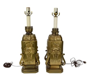 Pair Very Heavy Bronze Lamps, Design in Relief, Signature Stamped F. Barbedienne, 22"h to top of