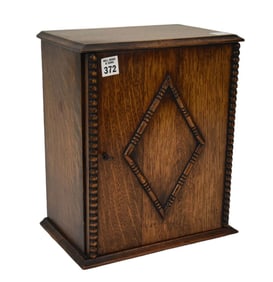 Small Oak Cabinet with Beaded Trim, Single Door Revealing 2 Interior Drawers, 12 1/2"h x 18"w x 7"d