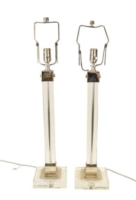 Pair Lucite Columnar & Chrome Lamps, 32"h to top of harp