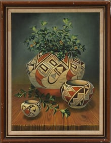 Southwest Painting of Pottery vases, still life, signed and dated lower right Sapienza- 1987, 18" x
