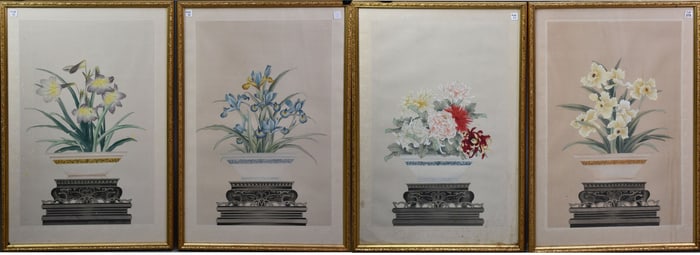 Chinese Paintings on silk, set of 4, decorative florals, each measuring 36 x 25 inches overall