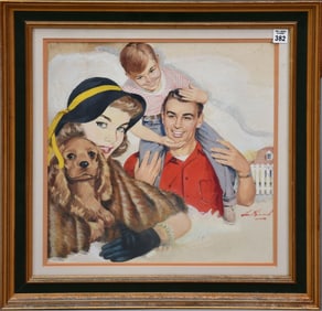 Leo Kimmel, illustration, watercolor on paper, family and dog, signed lower right, 16 3/4" x 16"