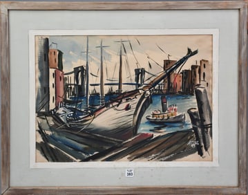 Albert Adams, watercolor on paper, "Schooner Dock" dated '49, 17" x 23" sight, 25 1/2" x 31 1/2"