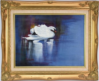 American 20th Century, F. Moore, oil on canvas, swan painting, 12" x 16" canvas, 17 1/2" x 21 1/2"