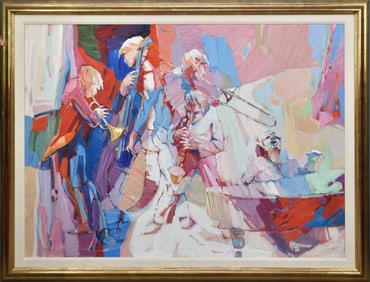 Irving Rosenzweig (American, 1915-1983) Orchestra, oil on canvas, 40" x 20" canvas, 44" x 60"