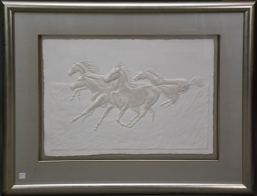 Horses in relief, cast on paper, signed lower right, numbered 328/950, 20 1/2" x 28" sight, 34" x