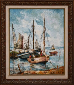 Emmanuel Pierre Charles (Haitian, 1945-2002) oil on canvas, boats at harbor, signed lower left, 2" x