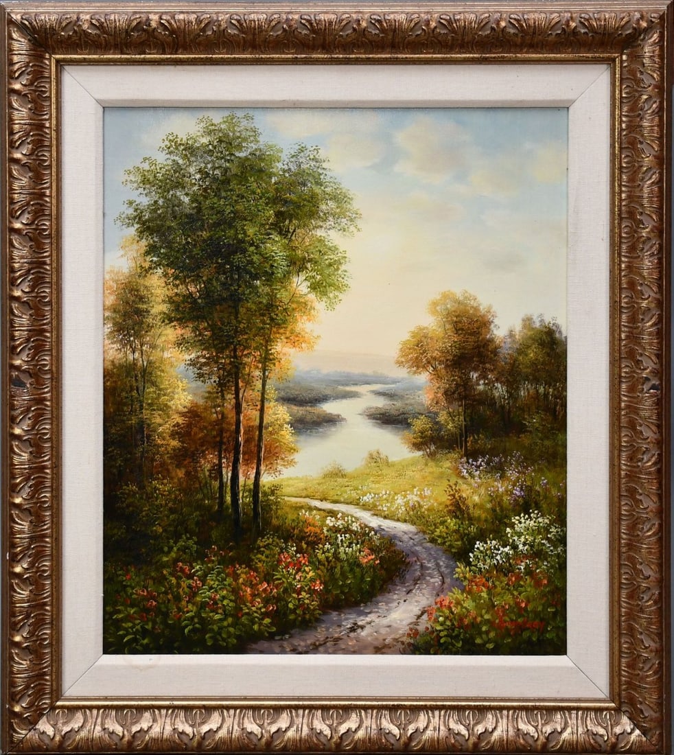 Landscape with trees and river in background , oil on canvas, signed "Humphry" lower right, 24" x: Landscape with trees and river in background , oil on canvas, signed "Humphry" lower right, 24" x 20" canvas, 32 1/2" x 29" overall