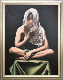 Alex Rovandi (ITALIAN, b. 1943) oil on canvas, titled "LUZ", portrait of seated woman, semi nude,