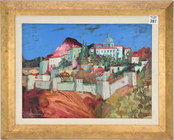 Gerard Sebastian (Spanish, 1930-1996) oil on Masonite, village scene, signed lower left, 12" x 16"