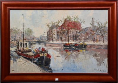 M Gautier? European school, oil on board, Canal view, 24" x 26" board, 30" x 42 1/2" overall