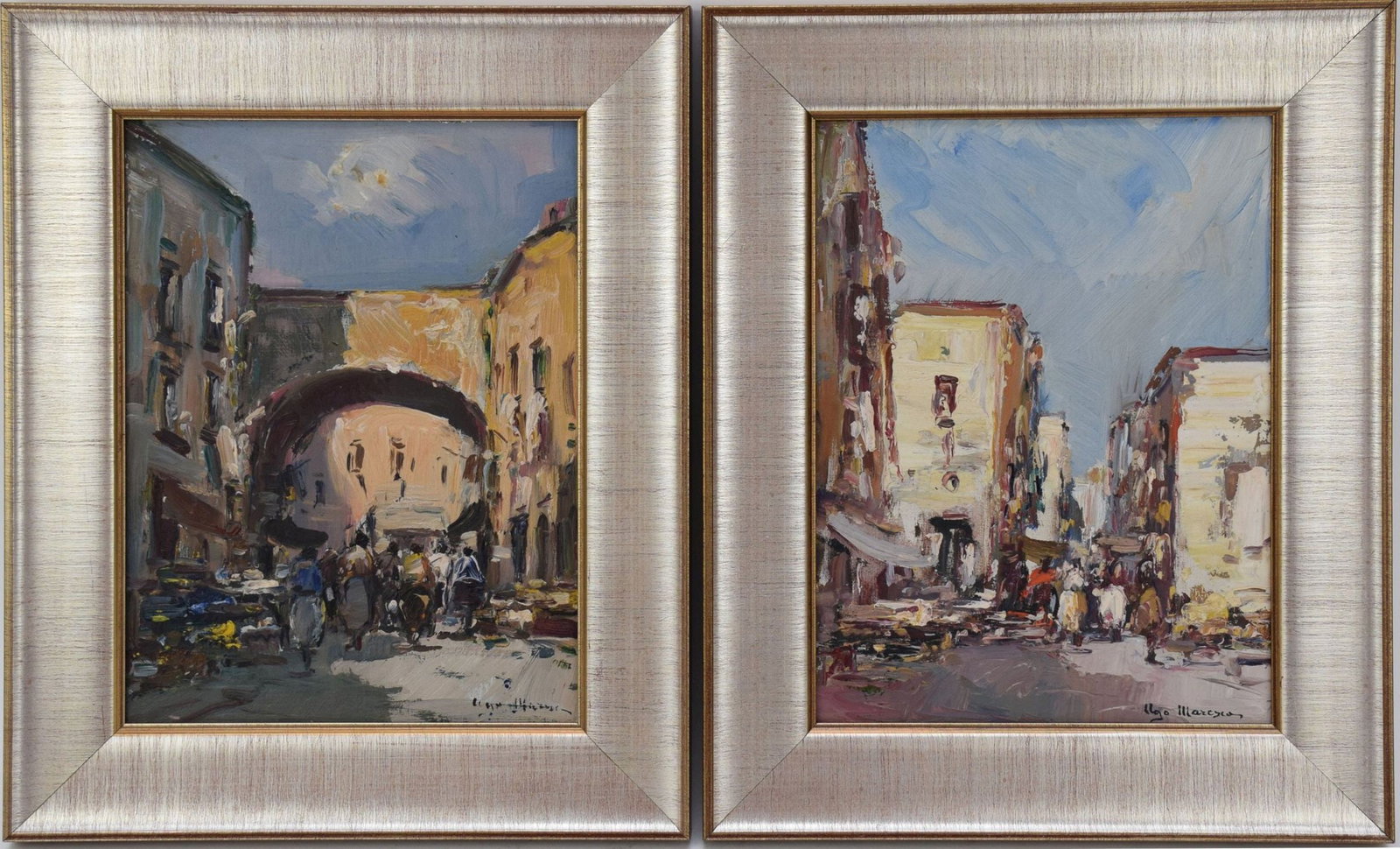 Ilgo Maresca (Italian, b. 1900) Pair of oil on boards, signed lower right, 11 1/2" x 8 1/2" sight,: Ilgo Maresca (Italian, b. 1900) Pair of oil on boards, signed lower right, 11 1/2" x 8 1/2" sight, 16" x 13" overall