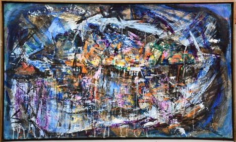 Abstract Composition, mixed media on canvas, missing bottom edge of frame, signed Barber, 22" x 38"