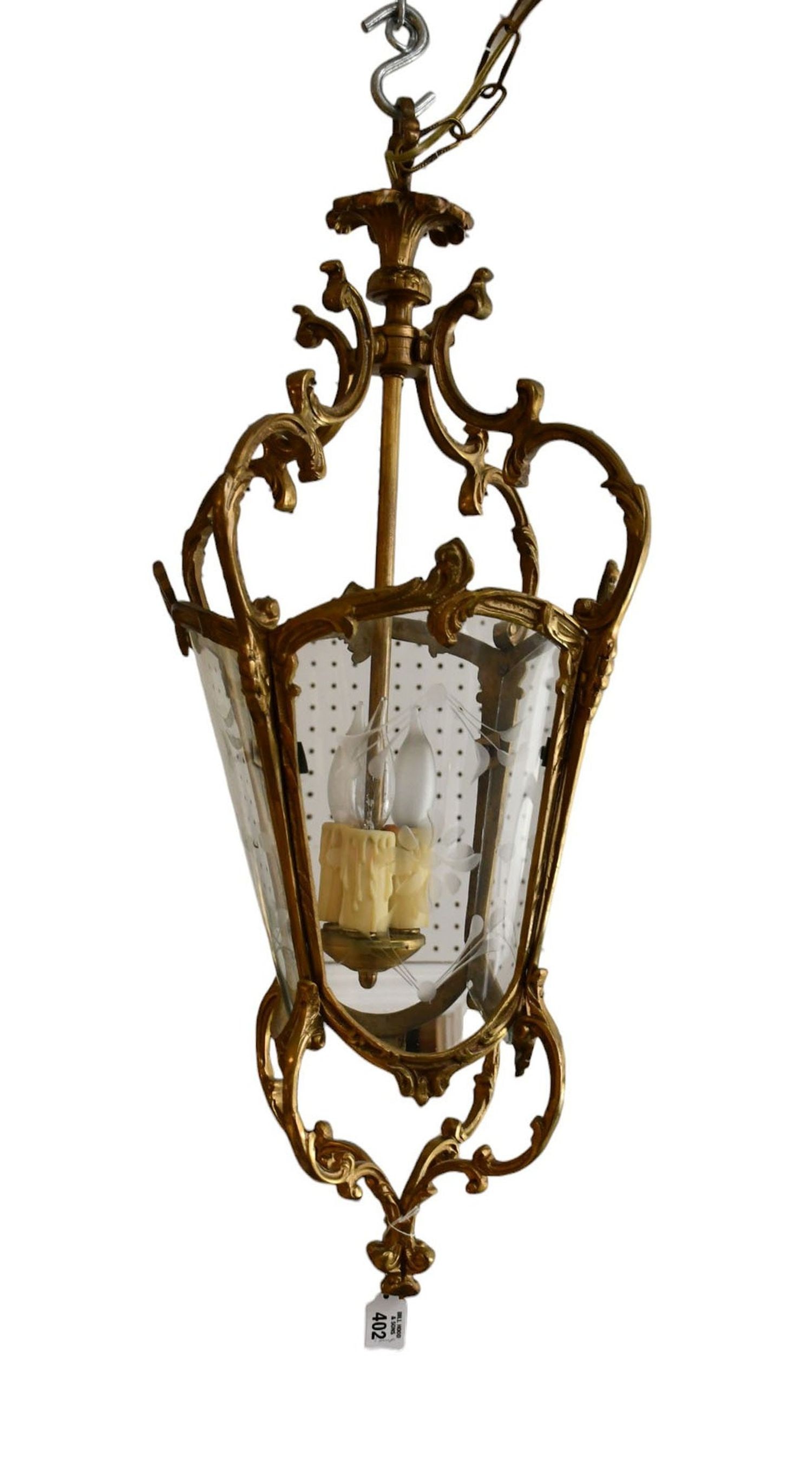 Gilt Bronze Ornate Hanging Lantern Lighting Fixture with 3 Lights, 30"h (missing one glass panel) (1 of 7)