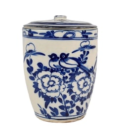 Covered Blue & White Stoneware Ovoid Jar, 2 Bird Decoration, 13 1/2"H