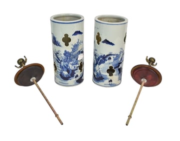Pair Chinese Porcelain Wig Stands, drilled holes at base, comes with lamp parts, 12.25"h