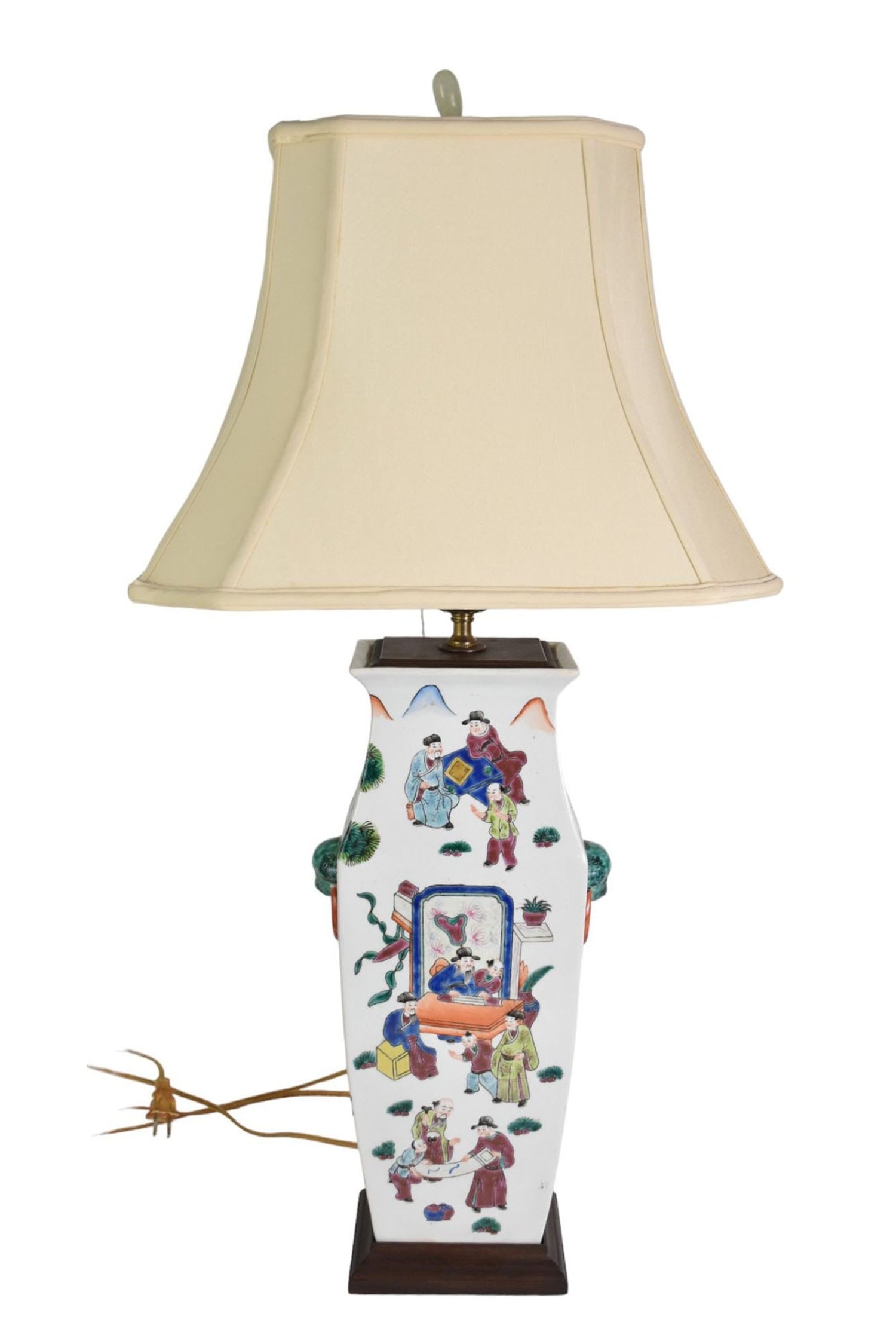 Chinese Porcelain Vase-Form Lamp - A porcelain vase-form lamp. The vase with polychrome decoration: Chinese Porcelain Vase-Form Lamp - A porcelain vase-form lamp. The vase with polychrome decoration depicting figural scenes. Single-light fixture. Overall height to finial 32 1/2" h, base - 17 1/2" h.