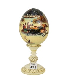 Russian Lacquered Paper Mache Egg on Stand, 8 1/2"h