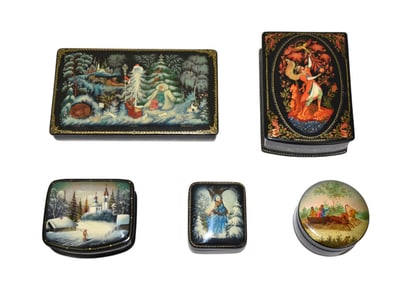 5 Russian Lacquered Boxes (fine Condition)