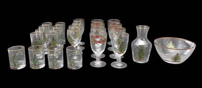 26pcs. Spode Christmas Tree Assorted Glassware, 24 Tumblers, Decanter and Bowl