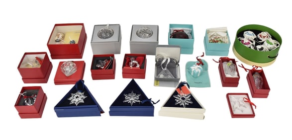 Collection of ornaments: 9 Waterford, 4 Baccarat, 3 Swarovski, 5 Kate Spade in box, 3 Tiffany